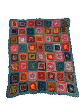 Crochet Granny Square Blanket Multicolor Vintage Style Colorful Boho Throw